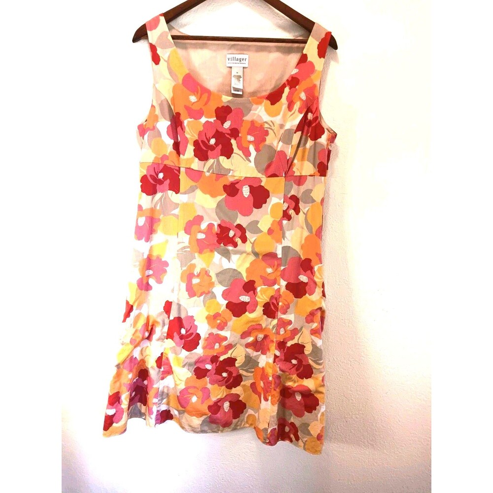Vintage Villager Liz Claiborne Floral Shift Dress Sz 14 Cotton Sleeveless Orange